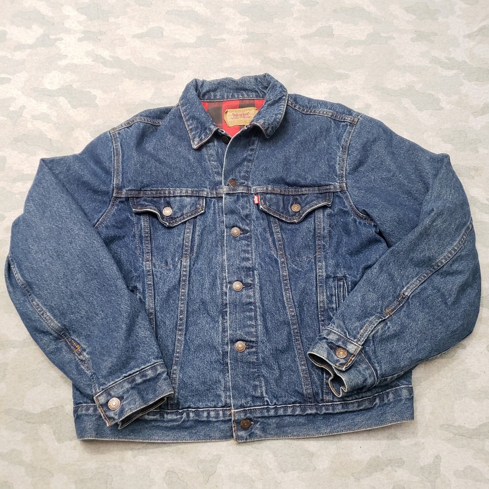 VTG Levis Trucker Denim Jacket Mens 44L Blue Flannel Lined USA 71411 Dark Wash